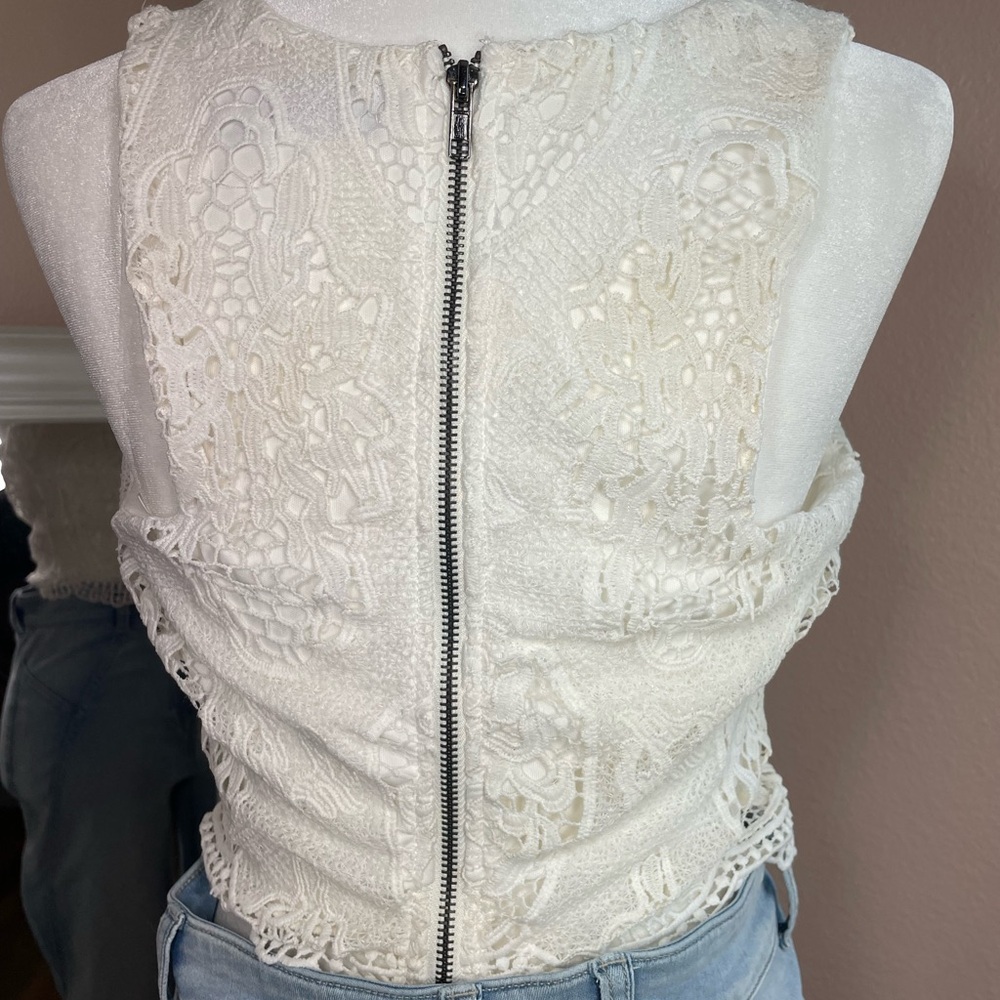 Boho Lace Crochet Crop Top White Festival Coachella Sheer Tank M - Picture 2 of 6